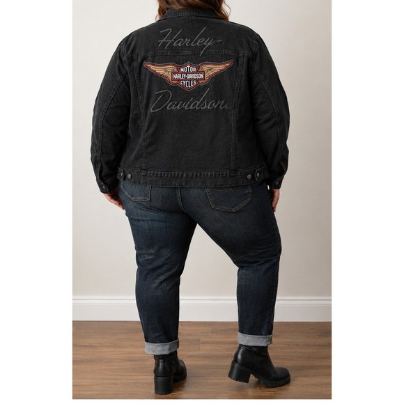 Harley-Davidson Jackets & Blazers - Harley Davidson Black Denim Trucker Jacket Women 2X Embroidered Wings Patch